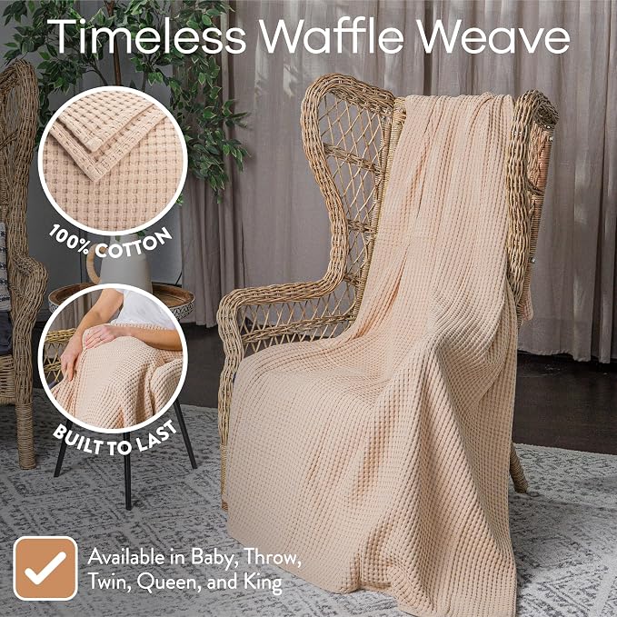 Comfy Cubs Waffle Blanket Queen, 90" x 90" - 100% Cotton Lightweight Breathable Bed Blanket - Soft Textured Thermal Weave for All Seasons – Decorative Cozy Layer for Couch, Sofa, or Bed - Blush