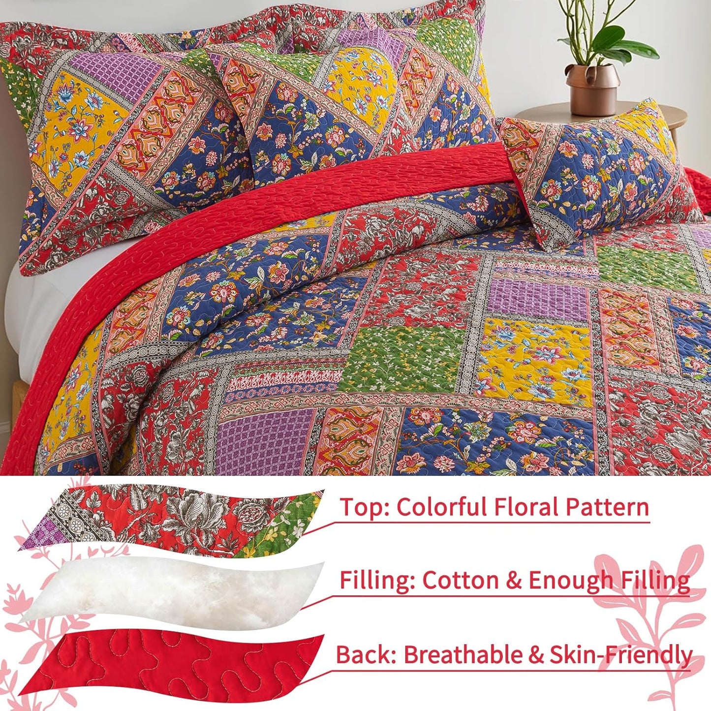 VAPUTAR Cotton Quilt King Size Set, Quilted Bedspread Coverlet (96 * 108 Inch) with 2 Pillowcovers, 3 Pieces Lightweight Farmhouse Style with Patchwork Design King Quilt Bedding Set for All Season.