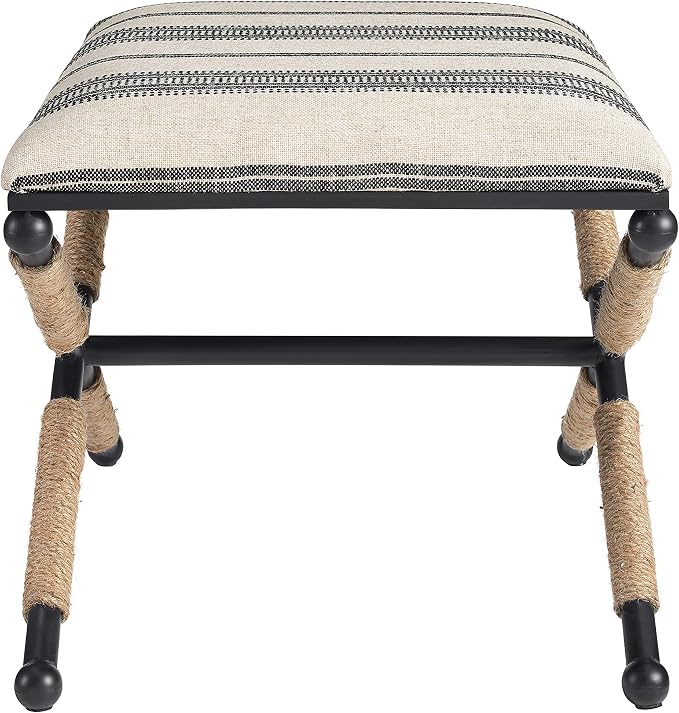Linon Farrow Black Metal and Natural and Black Stripe Upholstered Campaign Ottoman