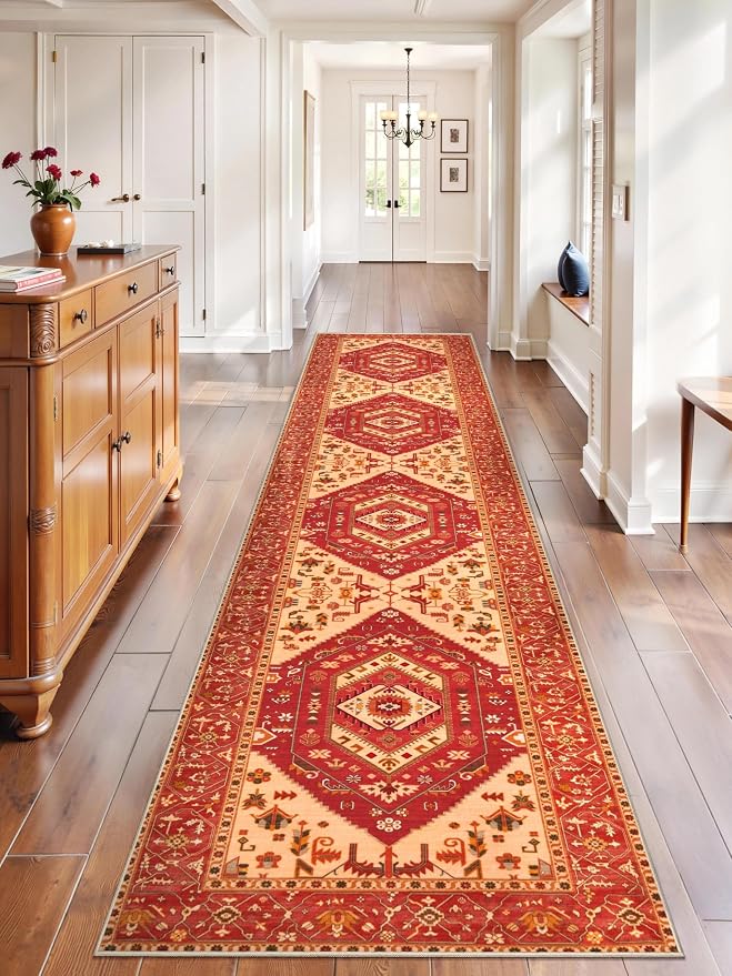 SERISSA Runner Rug for Hallways, 2'6"x12' Washable Non Slip Kitchen Runner Rug, Extra Long Boho Rug Ultra Soft Vintage Red Print Floor Carpet for Bedroom Hallway Entryway Bathroom Laundry Room