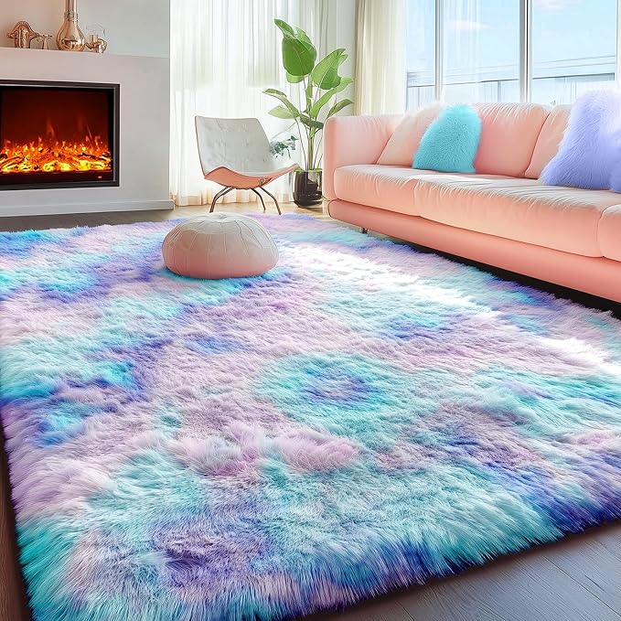 PAGISOFE Adorable Rainbow Mermaid Rugs for Girls Bedroom Plush Fluffy Purple Rug 3x5 Ft,Kawaii Carpet for Living Room,Non-Slip Indoor Princess Rugs for Nursery Kids Girls Room Home Cute Colorful Decor