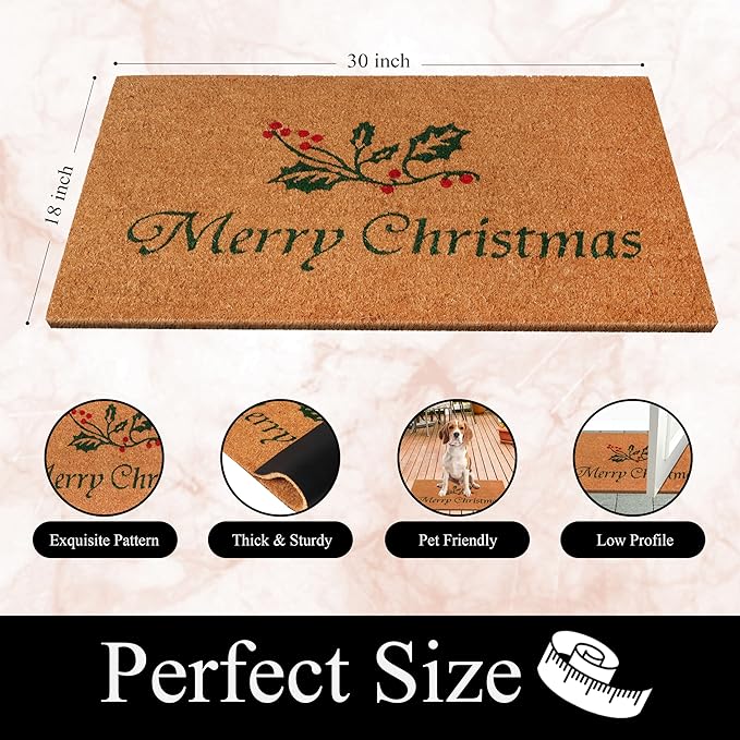 A1HC Natural Coco Coir Door Mat Merry Christmas with Heavy Duty Non-Slip PVC Backing - 18" x 30" - Easy to Clean, Holiday Welcome Mat for Home, Low-Profile Durable Doormat