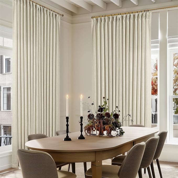 Extra Wide Pinch Pleat 100 x 108 Inch Linen Curtains for Living Room Neutral Beige Light Filtering Semi Sheer Pleated Curtains for Patio Glass Sliding Door Dining Bedroom Large Window 100x108 1 Panel