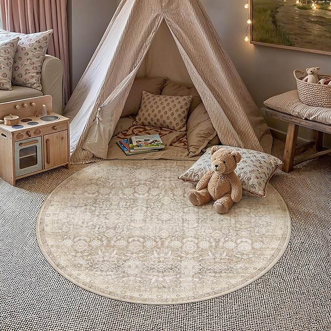 4R Beige Washable Neutral Area Rug for Living Room Floral Non Slip Low Pile Round Rug Indoor Vintage Traditional Stain Resistant Distressed Carpet Bedroom Nursery Classroom Office Playroom