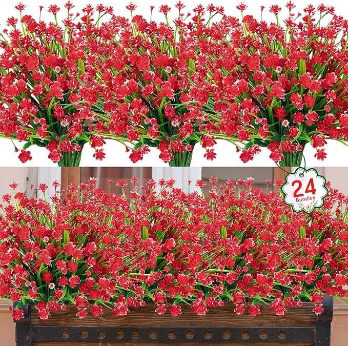 Ouddy Decor 24 Bundles Artificial Flowers for Outdoors UV Resistant Fake Plastic Plants Faux Greenery Stems for Spring Summer Indoor Garden Patio Window Box Kitchen Home Decor, Red