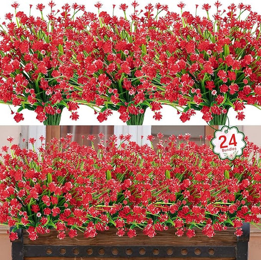 Ouddy Decor 24 Bundles Artificial Flowers for Outdoors UV Resistant Fake Plastic Plants Faux Greenery Stems for Spring Summer Indoor Garden Patio Window Box Kitchen Home Decor, Red
