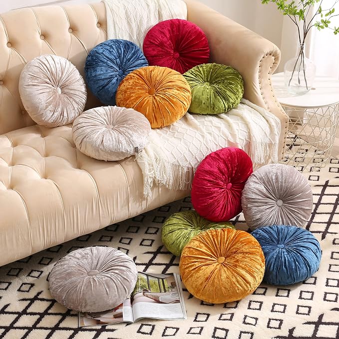 Verpert Pack 2：Round Floor Cushions Pillow, Solid Color Velvet Meditation Cushion Pumpkin Pleated Meditation Pillow for Home Sofa Bed Car Decor Floor Pillow Cushion Green