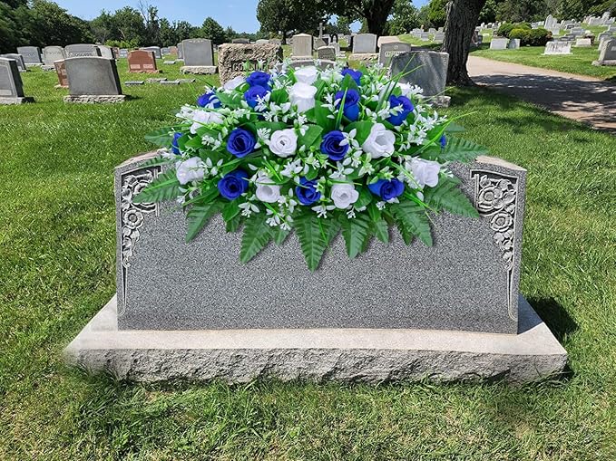 LVXINLI Artificial Cemetery Flowers Saddle-Shaped Tombstone Decorations Non-Fading UV-Resistant（Blue+White Saddle ）