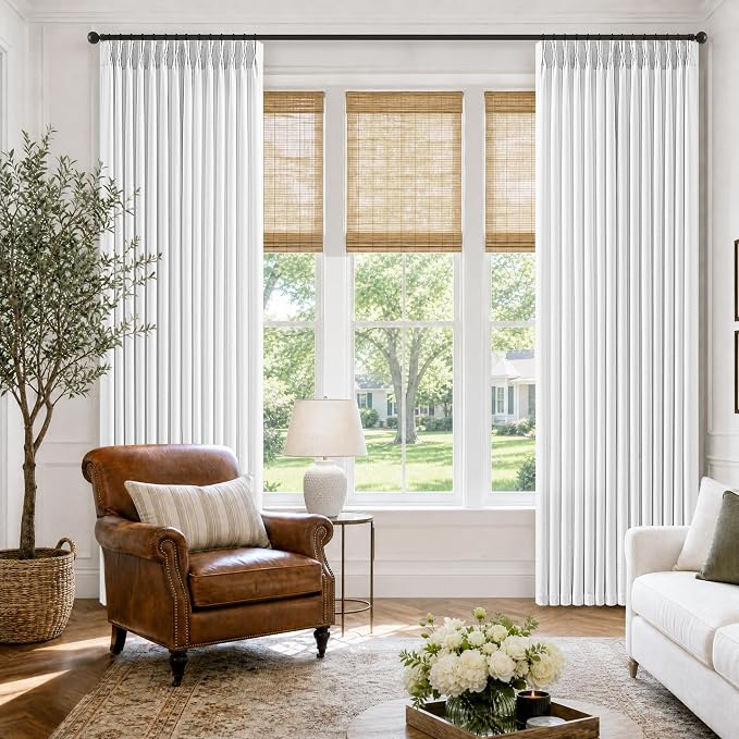 Snow White Pinch Pleated Linen Curtains 92 Inches Length Memory Trained Semi Sheer Linen Blend Curtains for Living Room Bedroom Back Tab Decorative Boho Burlap Pleat Window Drapes 2 Panels 40x92