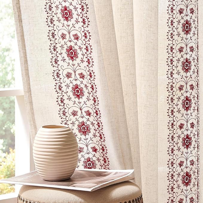 jinchan Boho Curtains for Bedroom Red Vintage Floral Farmhouse Curtains 84 Inches Long Linen Blend Drapes for Living Room Embroidered Light Filtering Drapes Rod Pocket Red on Beige 2 Panels