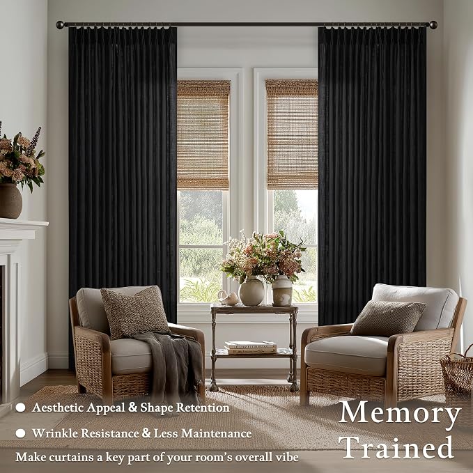 Black Linen Pinch Pleated Curtains 108 Inches Long 2 Panels for Living Room Bedroom Light Filtering Linen Drapes 108 Inch Length Back Tab Semi Sheer Memory Shape Trained Ceiling to Floor Curtain 9Ft