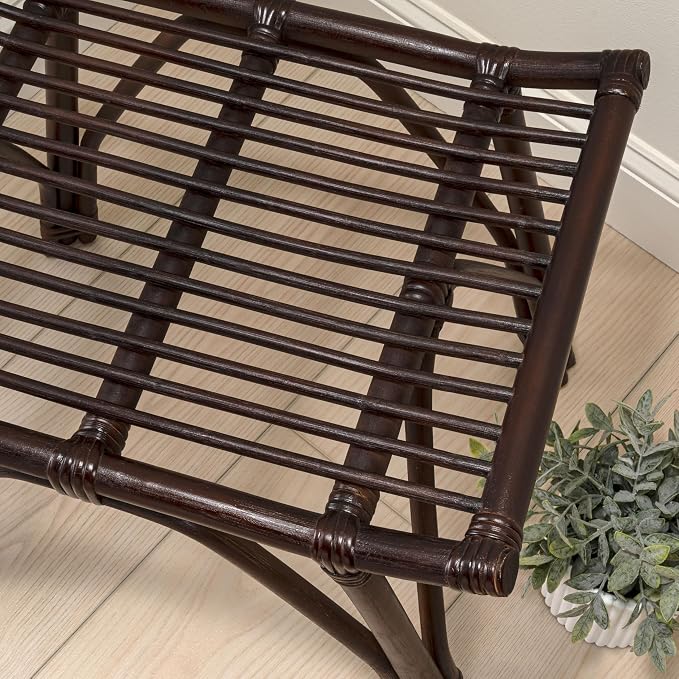 JONATHAN Y Gabriel 18" Handcrafted Rattan and Teak Wood Vanity Stool, Bohemian Backless Accent Ottoman Footstool, Dark Brown STL3005B