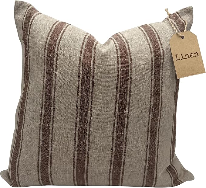 Linen Throw Pillow Covers Stripe Brown Pillow Cover Spring Decorative Pillow Covers for Living Room, Bedroom (Brown Stripes, 22" L x 22" W)