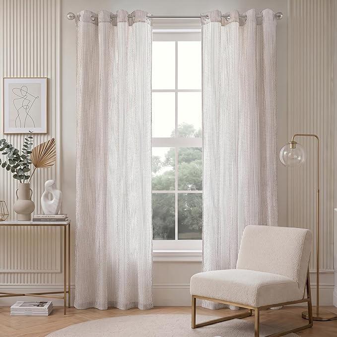 DriftAway 3D Chenille Striped Curtains 90 Inches Long Tweed Linen Textured Light Filtering Woven Embroidered Luxury Soft Drapes for Living Room Bedroom Grommet Privacy 2 Panels W52 x L90 Taupe