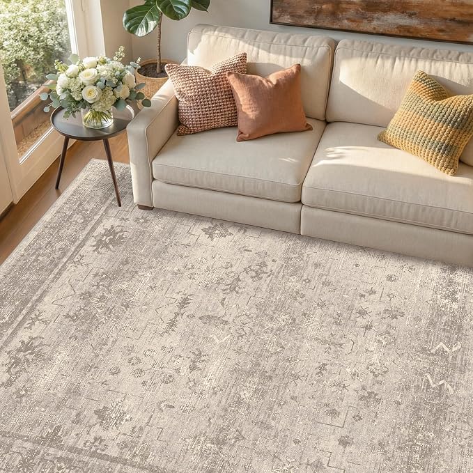 Greige 8x10 Washable Area Rug for Living Room, Organic Modern Distressed Geometric Rug with Granite Texture, Soft Low Pile Non-Slip Carpet for Bedroom & Dining Room