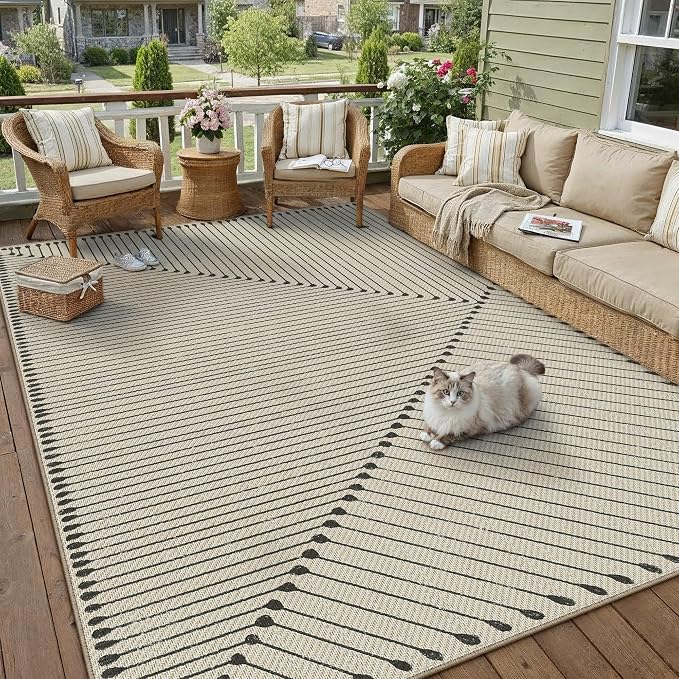 HUGEAR 5'x7' Outdoor Rug Black Geometric Waterproof Patio Rugs Linen-Look Modern Area Rug Outside Floor Mat for Camping RV Deck Porch Balcony Backyard Beach Picnic Carpet Decor