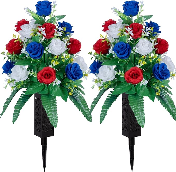 DONODA 2 Sets Artificial Cemetery Flowers， Outdoor Grave Decorations Roses，Accompanied by 2 Long Nail Vases，Lasting and Non-Bleed Colors (18 Heads (red, Blue, White))