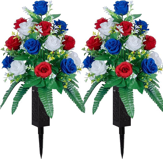 DONODA 2 Sets Artificial Cemetery Flowers， Outdoor Grave Decorations Roses，Accompanied by 2 Long Nail Vases，Lasting and Non-Bleed Colors (18 Heads (red, Blue, White))