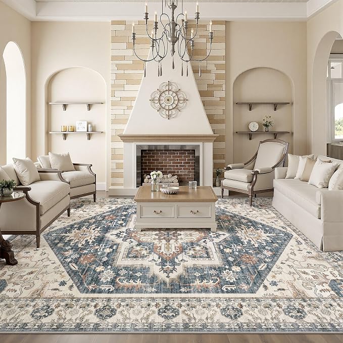 10x14 Area Rugs for Living Room - Large Carpet Ultra Thin Soft Washable Oriental Vintage Floral Distressed Rug Big Indoor Carpets for Bedroom Nursery Dorm Home Decor Aesthetic - Vintage Blue