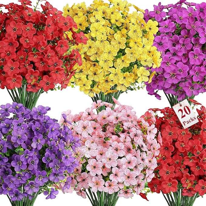 Alupssuc 20 Bundles Artificial Flowers for Outdoor Indoor Decoration, UV Resistant No Fade Fake Plants Eucalyptus, Colorful Faux Spring Flowers for Outside Yard Porch Patio Garden Home Window Box