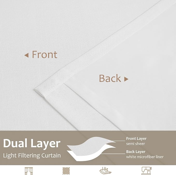 Central Park White Pinch Pleat Light Filtering Curtain 108 Inches Long Linen Blended Window Treatment Privacy Drape with Microfiber Liner for Living Room Bedroom with Back Tabs Hooks, 40" Wx108 Lx2