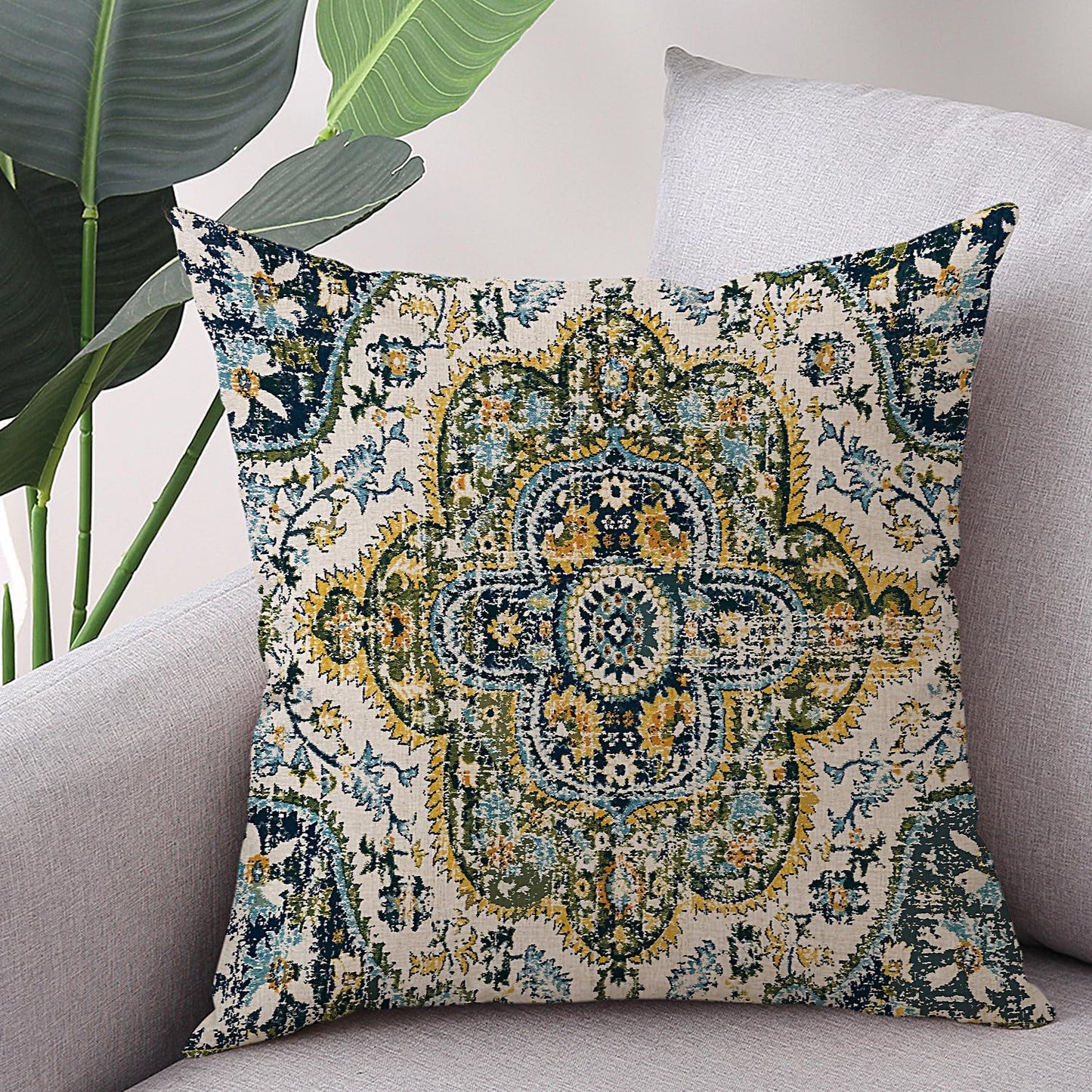 Outdoor Waterproof Pillow Covers - 18 x 18 Inch Set of 2 Bohemian Vintage Carpet Pattern Pillow Covers in Green and Blue Ethnic Design for Decorative Farmhouse, Couch, Garden, Balcony