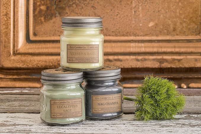 ECO CANDLE CO. Mason Jar Candle, Baby's Butt, 8 oz. - Scents of Lavender, Baby Powder, & Vanilla - 100% Soy Wax, No Lead, Kraft Label & Antiqued Pewter Lid, Hand Poured, Midwest Grown Soybeans