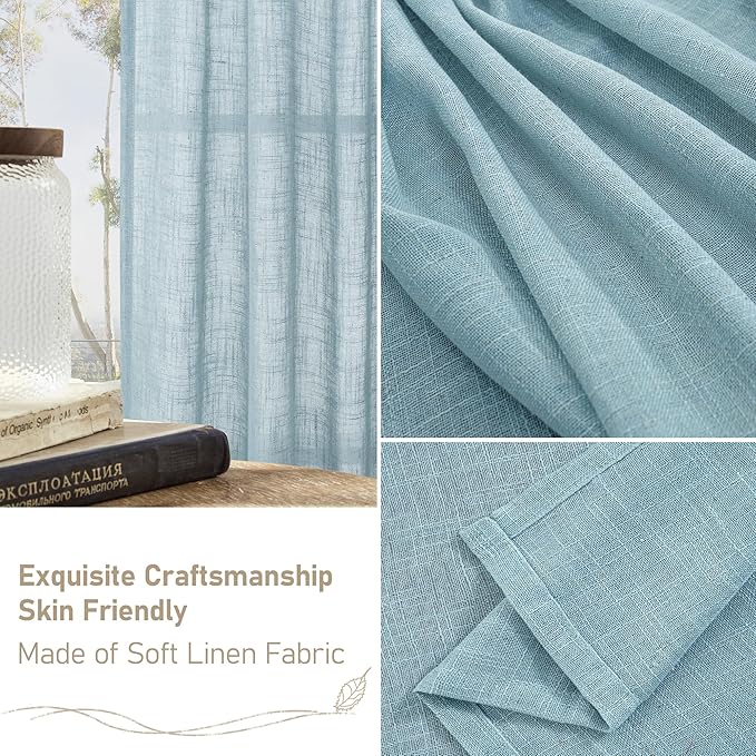 LAMIT Semi Sheer Linen Curtains 45 Inches Long, Light Filtering Panels Back Tab and Rod Pocket Country Decor Drapes for Farmhouse/Window/Bedroom, Stone Blue, 2 Panels, 52 x 45 Inch