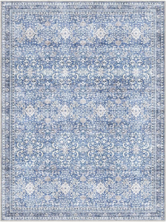 Sasttie 9x12 Area Rug, Ultra-Soft Washable Rug, Low Pile Foldable Thin Carpets with Non-Slip Backing, Skin-Friendly Stain Resistant Carpet for Living Room, Bedroom, Kitchen, Dorm, 9x12, Blue