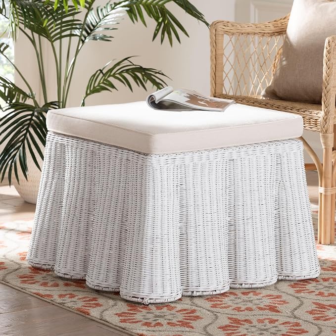 Bali & pari Palm Bohemian White Scallop Rattan Ottoman