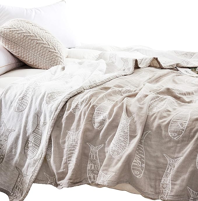 MEJU Fish Gray Morden Muslin Lightweight Summer Blanket for Bed Sofa Couch 100% Combed Cotton 3 Layer Soft Warm Bedspread Throw Blanket Bed Coverlet Sheet Twin 60 in X 80 in