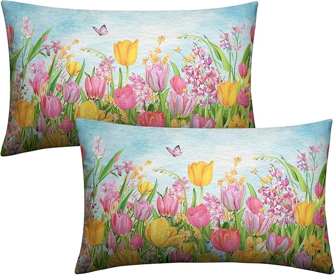 Tulip Lumbar Pillow Covers 12x20 Set of 2 Spring Throw Pillow Covers Pink Yellow Tulip Floral Outdoor Pillowcase Watercolor Cotton Linen Cushion Case for Sofa Outdoor Patio
