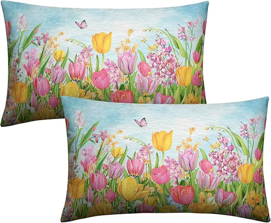 Tulip Lumbar Pillow Covers 12x20 Set of 2 Spring Throw Pillow Covers Pink Yellow Tulip Floral Outdoor Pillowcase Watercolor Cotton Linen Cushion Case for Sofa Outdoor Patio
