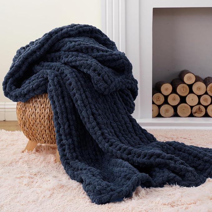 Battilo Navy Chunky Knit Throw Blanket, Soft and Thick Navy Blue Chenille Throw Blanket, 50"x60" Handmade Cable Knit Crochet Blanket, Rope Knot Knitted Throw Blankets for Couch Home Decor, Navy