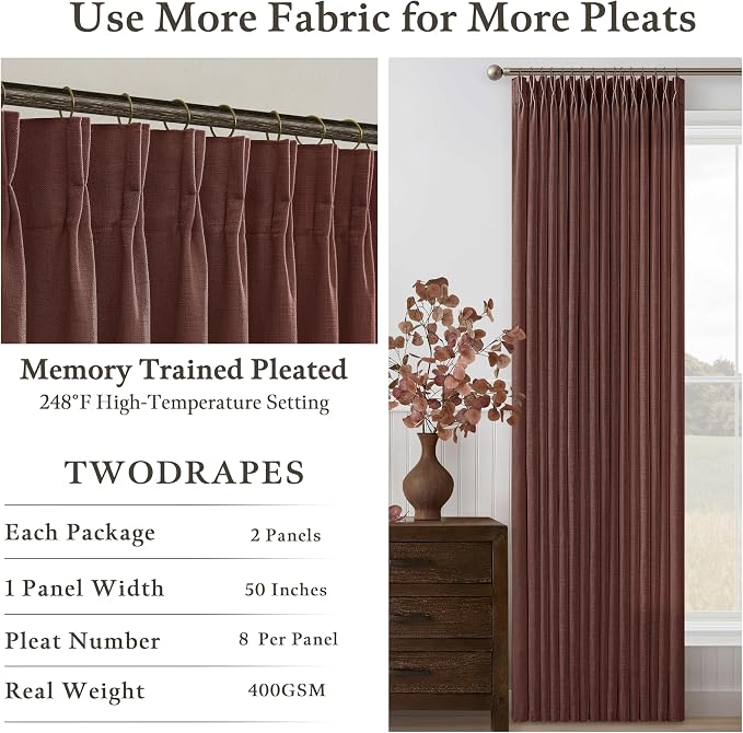 Pinch Pleated Short Linen Curtains 45 Inches Long 2 Panels Light Filtering Memory Trained Red Brick Curtain for Kitchen Bedroom Small Window 45 Inch Semi Sheer Privacy Linen Blend Cafe Drapes 50x45