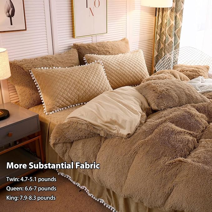 LIFEREVO Luxury Plush Shaggy Duvet Cover Set, Soft Velvet Fluffy Furry Duvet Cover Set(1 Faux Fur Fuzzy Comforter Cover + 2 Pom Poms Pillow Cases) Solid Bedding Set, Zipper Closure(Full/Queen, Camel)