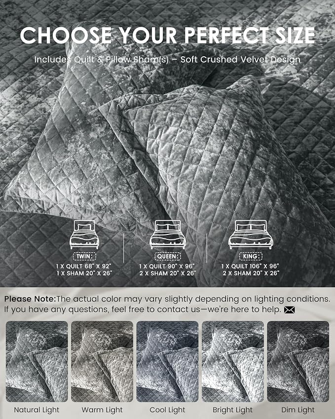 Velvet Quilt Set King Size– 3 Piece Crushed Velvet Bedding with Shams, All Season Soft Bedding Set, Machine Washable, Oeko-TEX Certified & Gift-Worthy Design