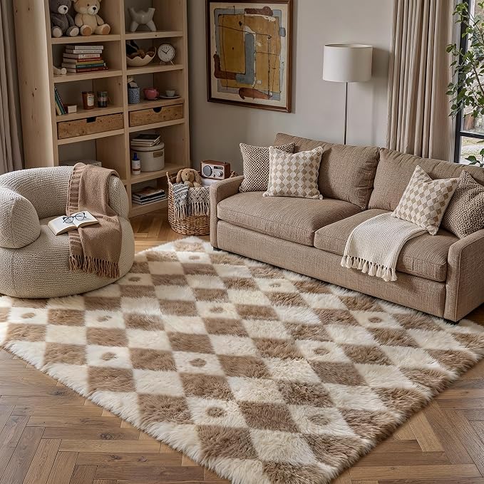PureCozy Brown 5x7 Area Rug for Living Room Washable Non Slip Neutral Soft Bedroom Checkered Carpet Colorful Fluffy Modern Shag Fuzzy Indoor Large Aesthetic Bedroom Home Office Playroom Nursery