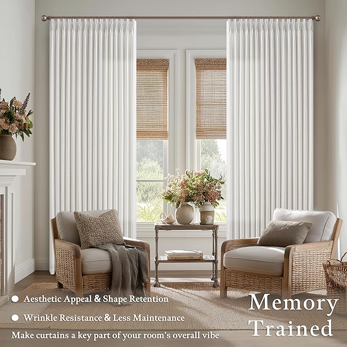Beige White Memory Trained Pinch Pleated Curtains 84 Inches Long for Bedroom Light Filtering Semi Sheer Dining Room Boho Curtains 2 Panels Set Hooks Rings Privacy Ivory Linen Window Drapes 50x84 Inch