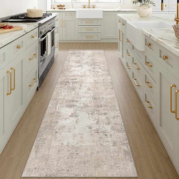2x10 Washable Runner Rug Beige Grey Abstract Non Slip Soft Low Pile Hallway Kitchen Rug Neutral Modern Carpet for Laundry Bathroom Bedroom Living Room Home Decor