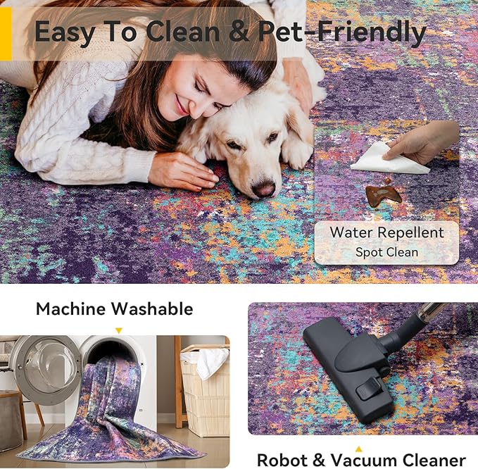 RELEANY Washable Area Rugs 8'x10' Non-Slip Modern Abstract Soft for Living Room Entryway Bedroom Nursery, Print Pattern, Purple Orange Blue Green Rust Red Colorful