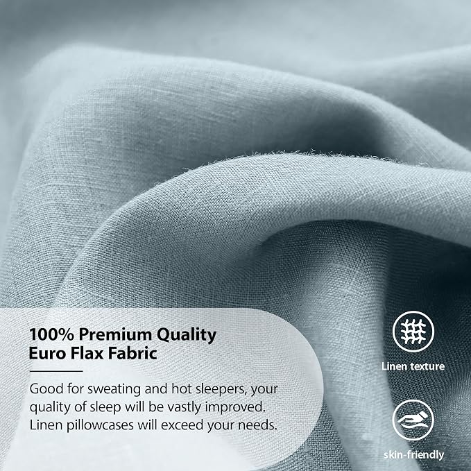 Simple&Opulence 100% Linen Pillowcases Basic Style Solid Color Set of 2, King Size Stone Washed Flax Pillow Cover Envelope Closure (20''x40'', Dusty Blue)