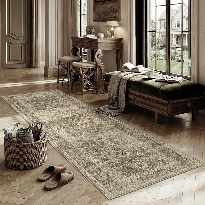 2x10 Washable Runner Rug for Kitchen Hallway Brown Vintage Non-Slip Low Pile Distressed Rustic Carpet Soft Long Throw Rug for Indoor Entryway Bedroom