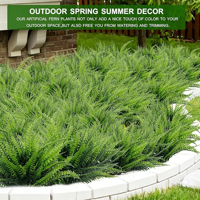 TURNMEON 8 Bundles Ferns Artificial Plants Outdoor 17 Inch Long Length Summer Decor, Artificial Flowers for Outdoors UV Resistant Fake Plants Plastic Faux Greenery Shrubs for Planter Home Garden Decor