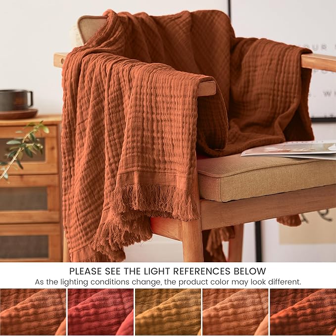 FALUCA Cotton Muslin Throw Blanket 50x60 Inches for Bed, Couch, Knit Woven Gauze Blanket, Soft Lightweight Cozy Breathable Farmhouse Decoration for All-Season, Caramel