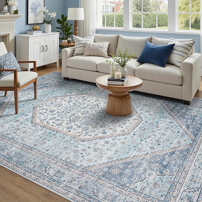 DCX Machine Washable Blue and Beige Area Rug 6x9, Non Slip Stain Resistant Vintage Floral Rug for Living Room Bedroom Nursery, Soft Low Pile Large Carpet