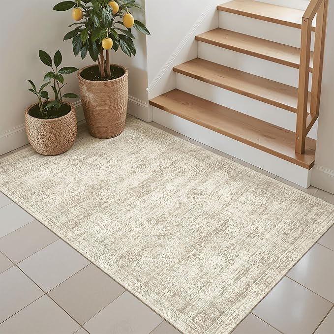 Soalmost 3x4 Rug, Small Area Rug for Kitchen, Entryway, Machine Washable Non-Slip Throw Rug, Vintage Carpet for Nursery Coffee Table Beige