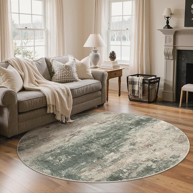 BEIMO Round Rugs 4FT for Living Room Bedroom, Modern Abstract Machine Washable Circle Rug, Soft Low Pile Floor Cover with Non Slip Backing for Dining Room, Grey/Dark Green