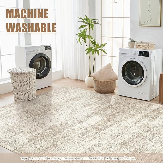 DMOYEST Area Rug Living Room Rugs - 6x9 Abstract Large Soft Indoor Washable Rug Neutral Modern Low Pile Carpet for Bedroom Dining Room Farmhouse Home Office - Vintage Beige