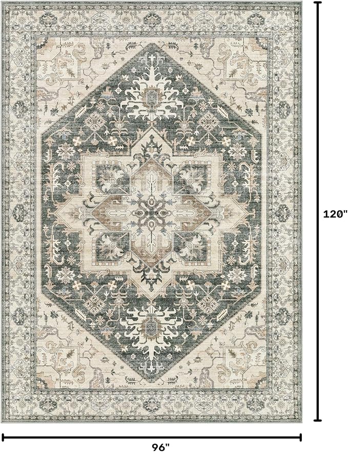 8x10 Area Rugs for Living Room - Large Carpet Ultra Thin Soft Washable Oriental Vintage Floral Distressed Rug Big Indoor Carpets for Bedroom Nursery Dorm Home Decor Aesthetic - Vintage Green